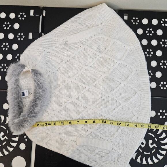 Janie and Jack Girl's Faux Fur Trimmed Cable Knit Sweater Ivory Poncho | 4 - Picture 8 of 14